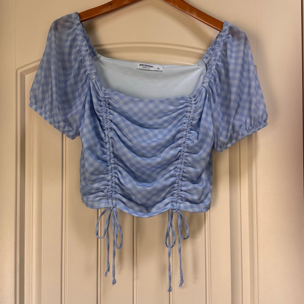 Arizona Blue Gingham Crop Whimsical Top Puff Mesh Sleeves Coquette Corset Fairy